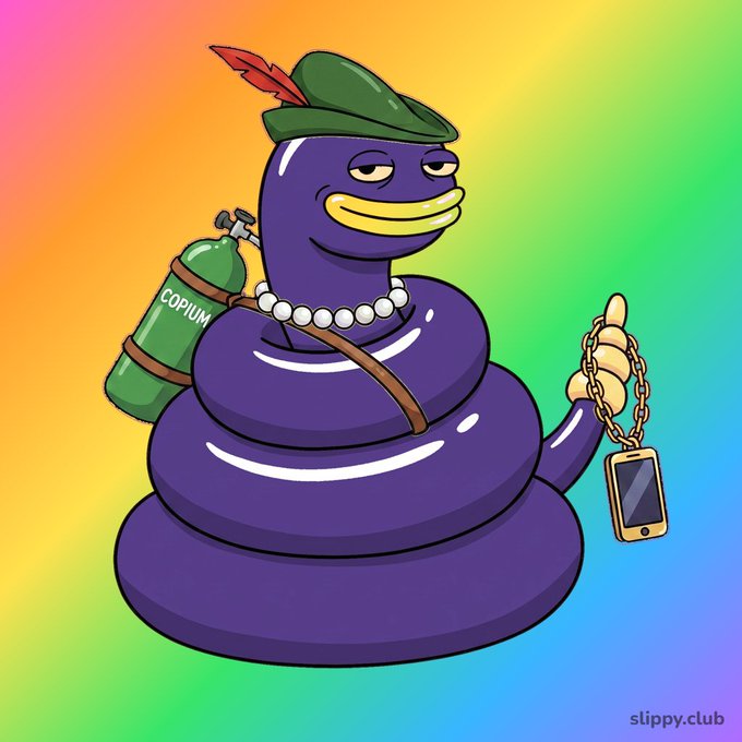 A cartoon purple coiled snake character wearing a green Robin Hood-style hat with a red feather, pearl necklace, and an oxygen tank labeled 'COPIUM', holding a gold smartphone on a chain, with 'slippy.club' watermark.