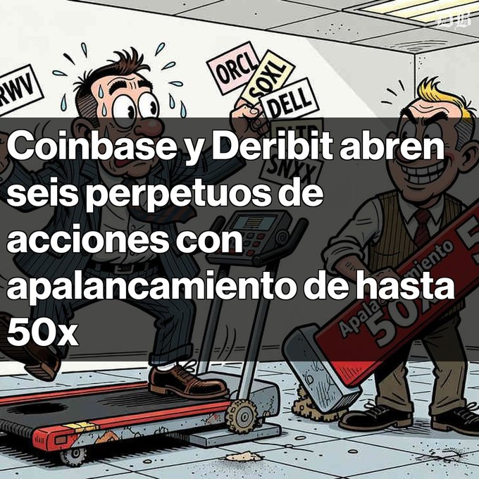 A cartoon illustration with overlaid Spanish text reads 'Coinbase y Deribit abren seis perpetuos de acciones con apalancamiento de hasta 50x'.