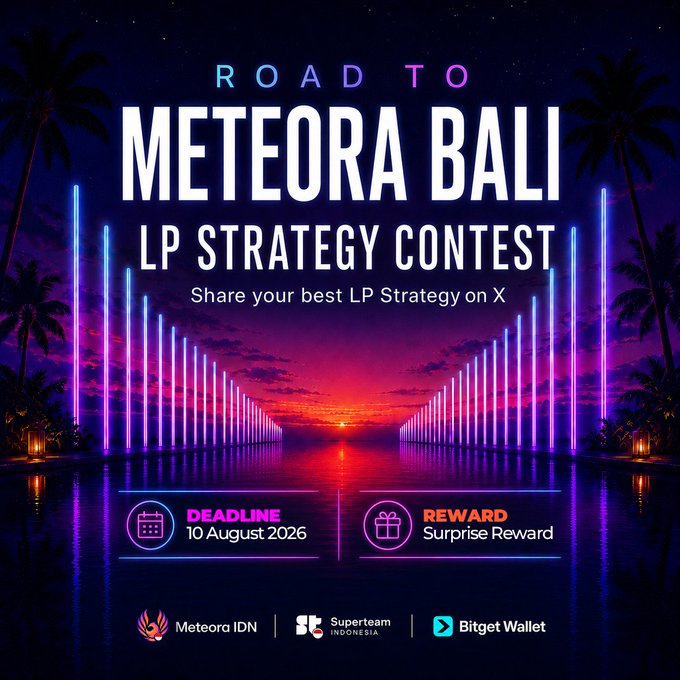 Promotional graphic for 'Road to Meteora Bali LP Strategy Contest' with a tropical sunset scene, deadline of 10 August 2026, a surprise reward, and logos for Meteora IDN, Superteam Indonesia, and Bitget Wallet.