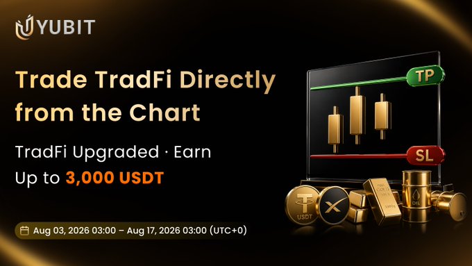 YUBIT advertisement promoting direct TradFi trading from charts, offering earnings up to 3,000 USDT between August 3 and August 17, 2026.