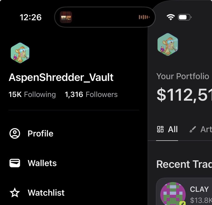 A screenshot of the OpenSea mobile app displaying the profile of "AspenShredder_Vault," which shows 15K Following and 1,316 Followers, alongside a partial view of a portfolio worth $112,51. The image illustrates the post's claim about AspenShredder following over 15,000 people on OpenSea.