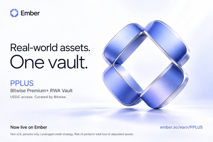 An advertisement for Ember displays a blue geometric logo with the text 'Real-world assets. One vault. PPLUS Bitwise Premium+ RWA Vault. USDC access. Curated by Bitwise.' and 'Now live on Ember' with the link 'ember.so/earn/PPLUS'.
