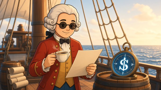 A cartoon illustration of an 18th-century-style merchant on a ship holds a coffee cup and a document, with a glowing compass featuring a dollar sign symbol resting on a barrel beside him.