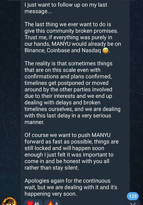 A Telegram message from a crypto project discussing delays in listing their token MANYU on exchanges like Binance, Coinbase, and Nasdaq, apologizing for broken timelines and promising the listing will happen soon, with 46 reactions and 6 fire emojis.