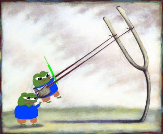 A cartoon-style painting parodying the famous American Gothic painting, featuring two Pepe the Frog characters in blue shirts using a green lightsaber to harvest from a pitchfork standing in a field.