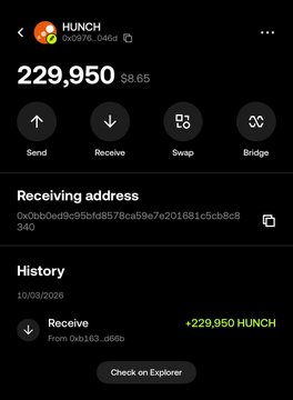 A mobile wallet screenshot displays a balance of 229,950 HUNCH tokens (worth $8.65) with the receiving address "0x0b0ed9c95cfa8578ca59e7e201681c5cb8c8340" and a history entry showing a received transaction of +229,950 HUNCH from "0x163...d66b" on 10/03/2026, visually verifying the post's claim of having received that exact amount of $HUNCH tokens.