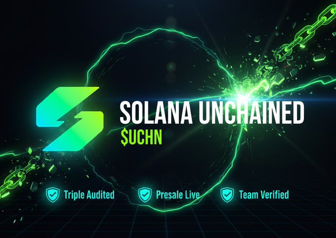 The image shows a promotional poster or banner for Solana Unchained, which is an Ethereum-based project focused on creating a web3 ecosystem with AI tools and utility-driven features. The poster highlights that the project is currently live and available for presale, indicating its ongoing development and growth. It also mentions that the project has a fixed token supply model, which ensures transparency in terms of how tokens are earned and distributed within the ecosystem.