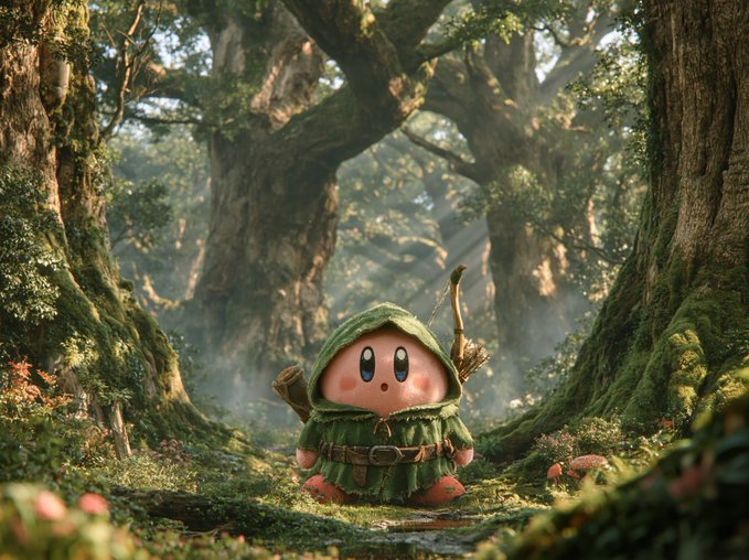 A cute, plush-like Kirby character dressed as a hooded forest archer sits in a sun-dappled woodland, fitting the post's portrayal of Kirby as a globally recognized Nintendo icon. The lush, enchanted forest setting evokes the character's whimsical, adventure-ready spirit while the post highlights $PONS and $Kirby as undervalued opportunities on the Robinhood chain.