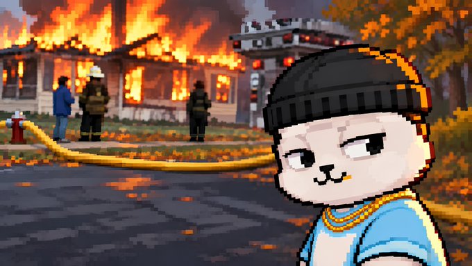 The image shows a pixel art character wearing a beanie and gold chain standing in the foreground, while in the background firefighters battle a burning house with flames engulfing it. The accompanying post about transparent minting with "no hidden costs, no platform fee games, no surprises" appears to contrast with the image's depiction of a chaotic fire—likely symbolizing deceptive or "burning" practices the project is distancing itself from in favor of clarity for their $ZEC community.