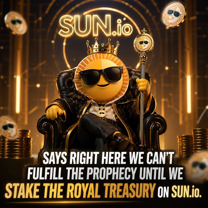 The image features a sunglasses-wearing sun character wearing a crown and holding a royal scepter while seated on a throne, with "SUN.io" displayed prominently at the top and the caption "SAYS RIGHT HERE WE CAN'T FULFILL THE PROPHECY UNTIL WE STAKE THE ROYAL TREASURY ON SUN.io." This visual supports the post by promoting $SUN's new fiat on-ramp integration with Alchemy Pay, framing staking on SUN.io as a royal decree that simplifies entry into TRON DeFi for new users.