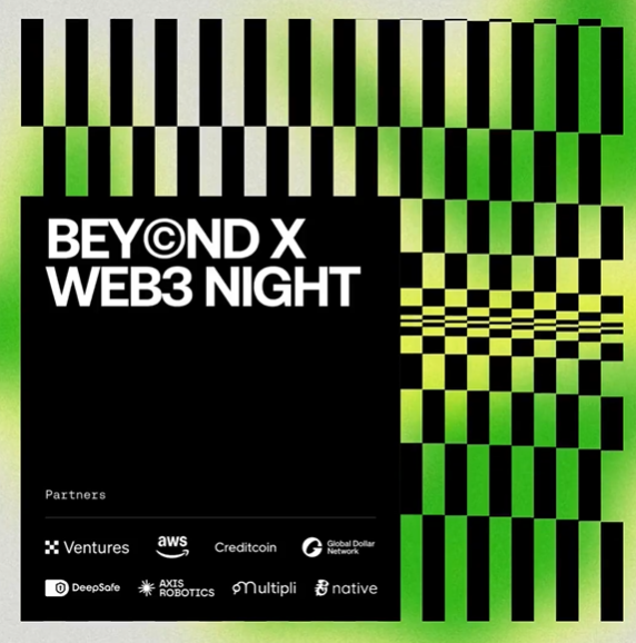 A promotional graphic for 'BEYOND X WEB3 NIGHT' featuring black and green checkerboard patterns and logos of partners like AWS, Creditcoin, and Multichain.