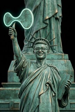 A green Statue of Liberty with modern sunglasses holds a glowing green neon sign in the shape of a game controller.