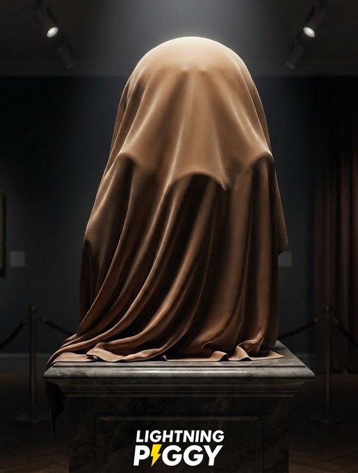The image features a large statue of a person, possibly a historical figure or an important individual, wrapped in a brown cloth that covers its entire body. The statue is placed on a pedestal, which serves as the base for the image. The background shows a dark room with curtains and lights, creating a dramatic atmosphere around the statue. The caption below the image reads "@bitcoinfilmfest Lightning Piggy", indicating that this might be related to Bitcoin or cryptocurrency-related events.