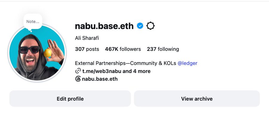 An Instagram profile for 'nabu.base.eth' belonging to Ali Sharafi with 467K followers, noting external partnerships with Ledger.