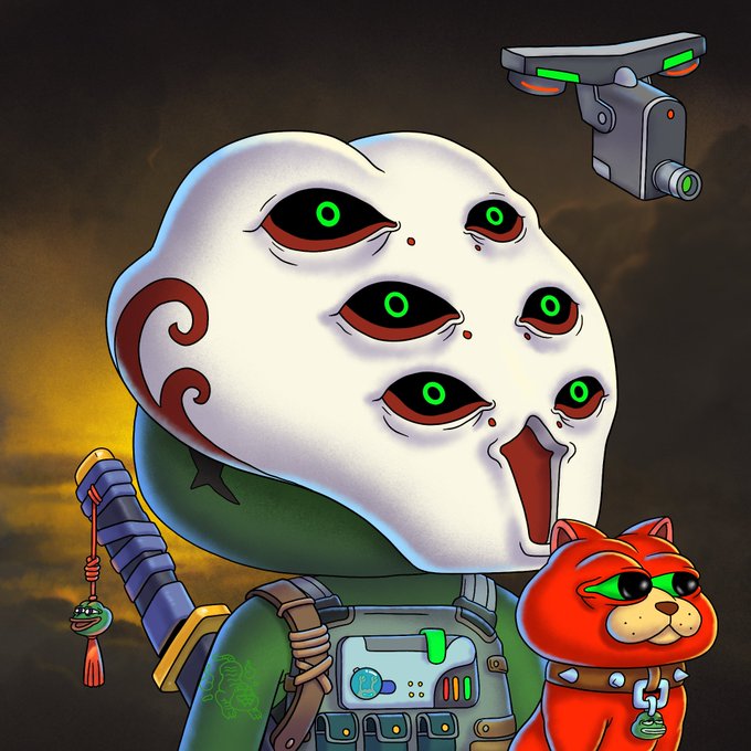 The image features a cartoon character dressed as a robot, wearing a white mask with green eyes that gives them an alien appearance. The character also has a backpack and a sword strapped to their back. A cat is present in the scene, sitting next to the robot-like figure. The background of the image is dark, which contrasts with the bright colors of the character's outfit. The caption reads "GM EXPLORERS The team and I have been so locked in building new accessories that I completely lost track of time If you ever cross paths with a Pepe wearing this mask… it means you’ve caught the attention of a Galactic Caste with a bounty on your head".