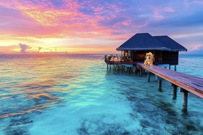 A tropical overwater bungalow at sunset with turquoise water, featuring a small dog sitting on the wooden walkway.