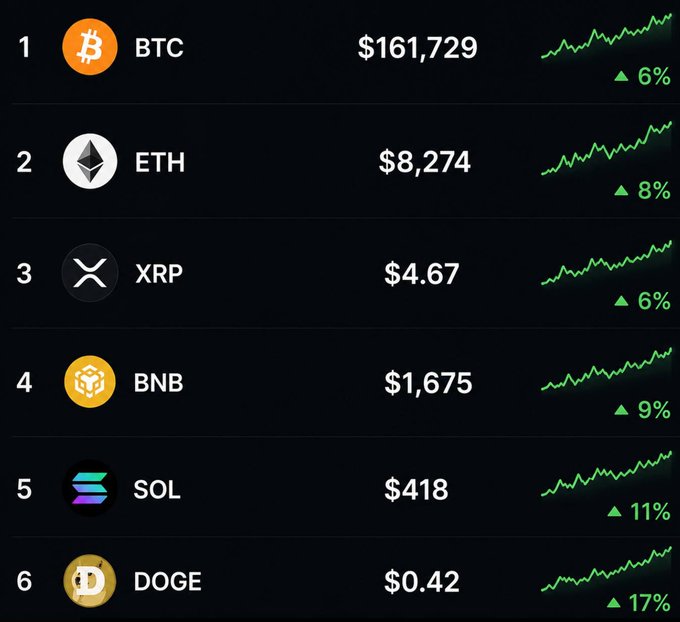 A cryptocurrency market chart dated July 21, 2028, showing top assets with prices and gains: BTC at $161,729 (+6%), ETH at $8,274 (+8%), XRP at $4.67 (+6%), BNB at $1,675 (+9%), SOL at $418 (+11%), and DOGE at $0.42 (+17%). The image illustrates a bullish market snapshot where all six listed cryptocurrencies are posting gains, with DOGE leading the rally at +17%.