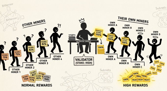 An infographic explaining a Bittensor mining/validator system showing 'OTHER MINERS' getting normal rewards of 75-94% while 'THEIR OWN MINERS' get high rewards of 100% with trust, controlled by a high-stake validator.