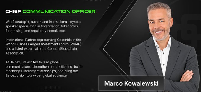 Profile slide for Marco Kowalewski, Chief Communication Officer at Beldex, describing him as a Web3 strategist, author, and keynote speaker specializing in tokenization, tokenomics, fundraising, and regulatory compliance.
