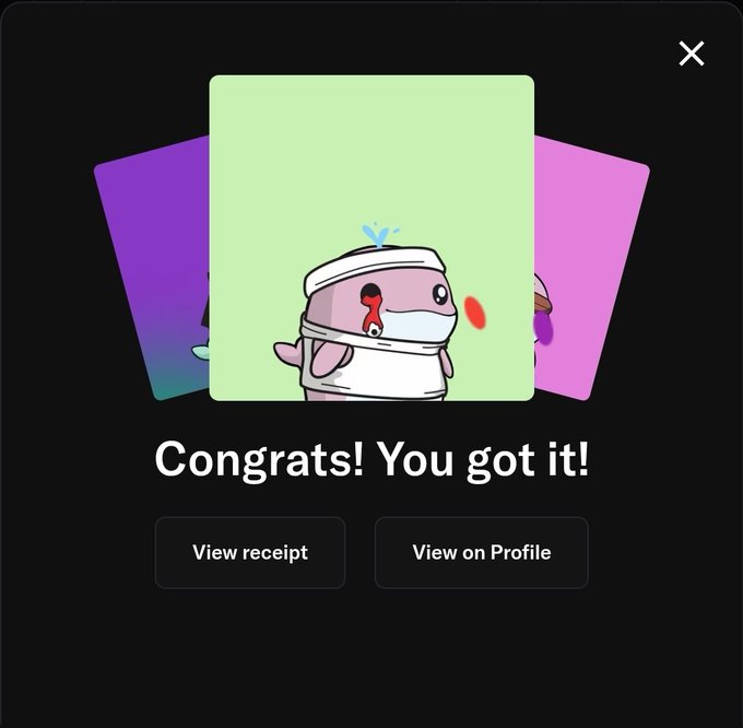 A cartoon character wearing a white headband and face mask appears on a digital card with the text "Congrats! You got it!" alongside "View receipt" and "View on Profile" buttons, celebrating the user's successful sweep of 5 Whacky Whales NFTs.