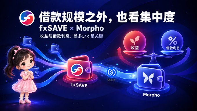 The image features a promotional graphic with the Chinese text "借款规模之外，也看集中度" (Beyond loan size, also look at concentration) and "fxSAVE × Morpho," alongside a cartoon girl, wallet icons, and a balance scale comparing yields ("收益") and borrowing interest ("借款利息").

The post discusses the $25 million USDC loan milestone on fxSAVE through Morpho, and the graphic visually complements this by emphasizing that alongside loan scale, the key metric to monitor is the concentration of borrowing—highlighting that while the size of the loan is impressive, the distribution across addresses is what really matters.