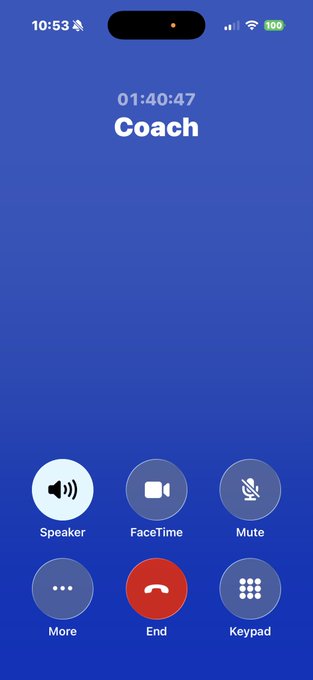 A screenshot of an active FaceTime call with "Coach" lasting 01:40:47, featuring speaker, mute, and keypad controls, illustrating the post's message about working around the clock in web3—even on Sundays.