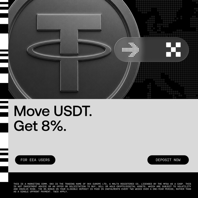 A promotional advertisement for OKX featuring a black Tether (USDT) coin graphic alongside exchange icons, promoting an 8% deposit bonus for EEA users with a "DEPOSIT NOW" call-to-action and fine print disclaimers about the marketing campaign terms.