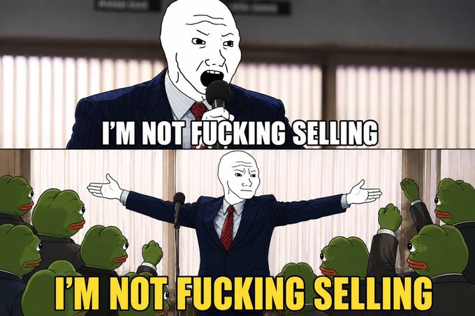 A two-panel Wojak-style meme featuring a suited man at a podium with the caption "I'M NOT FUCKING SELLING," surrounded by cheering Pepe the Frog characters.
