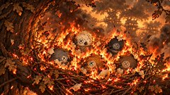 A dark, fiery digital artwork depicting a cluster of pale, screaming faces with hollow eyes surrounded by intense orange and red flames.
