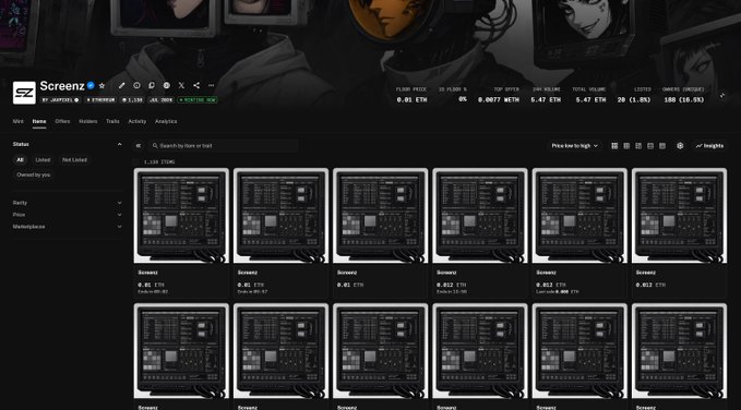 The image shows the Screenz NFT marketplace on the Stargaze platform, displaying a collection of 12 listed items with prices ranging from 0.45 to 0.013 ETH, with metrics showing only 20 listed out of 1,138 total items. This supports the post's point about low listing volume and free-minted supply, as the marketplace interface visually confirms the limited number of listings relative to total mints, suggesting holders are choosing to hold rather than sell.