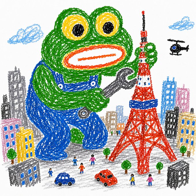 A child's crayon drawing of a giant green Pepe the Frog in overalls using a wrench on a red tower resembling Tokyo Tower, surrounded by city buildings, cars, and a helicopter.