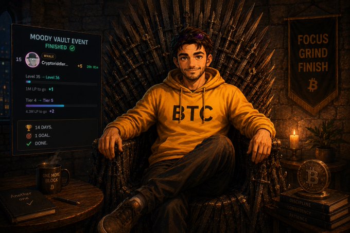 A young man wearing a yellow 'BTC' hoodie sits on a throne made of swords. To the left is an event panel reading 'MOODY VAULT EVENT FINISHED' and 'Level 35 -> Level 36', while a banner on the right reads 'FOCUS GRIND FINISH' next to a Bitcoin logo.