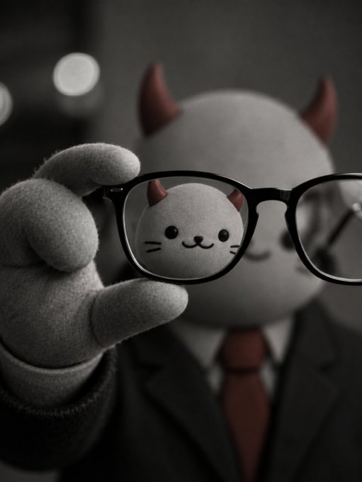 A cute gray plush cat with red horns and a red tie holds up a pair of black-rimmed glasses, with its smiling face reflected in the lens.