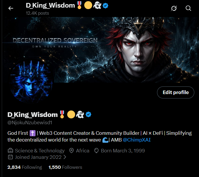 A Twitter/X profile page for 'D_King_Wisdom' (@NjokuNzubewisd1), a Web3 Content Creator & Community Builder involved in AI, DeFi, and AMB @ChimpXAI, with a banner reading 'DECENTRALIZED SOVEREIGN OWN YOUR REALITY'.