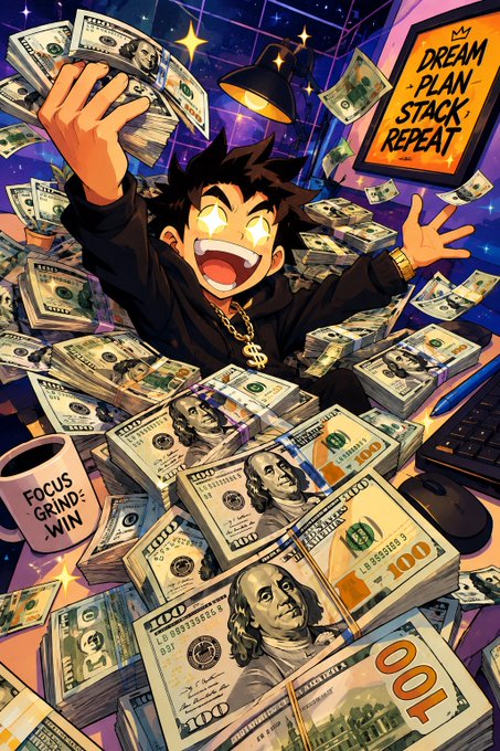 An anime-style illustration of an excited character surrounded by flying hundred-dollar bills, with a sign reading 'DREAM PLAN STACK REPEAT' and a mug labeled 'FOCUS GRIND WIN'.