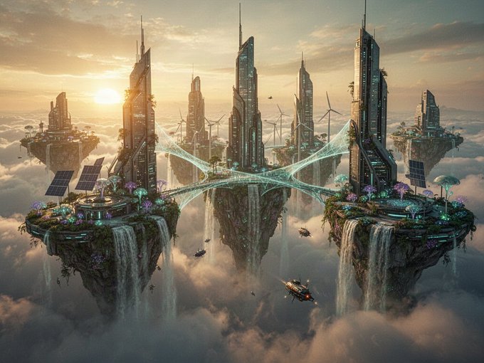 A fantasy digital illustration of a futuristic floating city with skyscrapers, solar panels, wind turbines, and glowing bridges, suspended above clouds with waterfalls cascading down.
