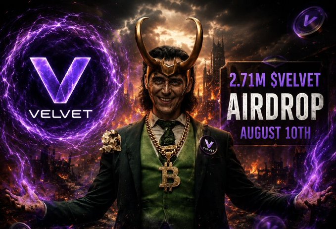 A stylized promotional image features a Joker-like figure wearing a horned helmet and a Bitcoin chain, with purple swirling energy and fiery ruins in the background. Text reads "2.71M $VELVET AIRDROP AUGUST 10TH" alongside the Velvet "V" logo, visually emphasizing the airdrop announcement tied to Gem Leaderboard rankings.
