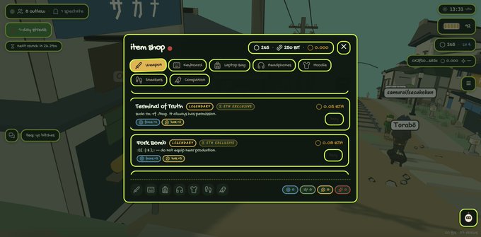 The image shows a video game item shop interface with a virtual currency balance of 0.05 ETH displayed, alongside a list of items for sale including a "Terminal of Truth" and "Fork bomb." The screenshot of a gaming marketplace interface with ETH currency options humorously contrasts with the post's advice to buy and lock dev tokens, as both involve navigating digital marketplaces with cryptocurrency.