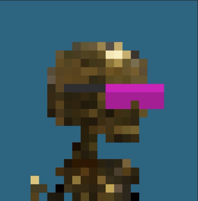 A pixel art character with brown hair, a yellow headband, and purple sunglasses, set against a blue background.