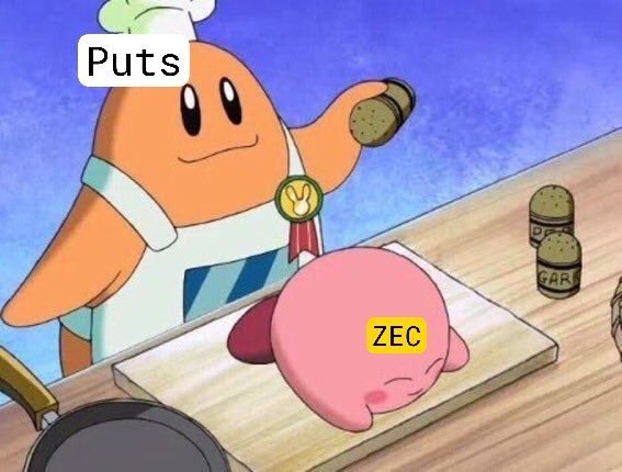 A meme image featuring the Patrick Star character from SpongeBob dressed as a chef, holding a patty over a smaller pink character labeled "ZEC" (Zcash), with a text overlay reading "Puts" — a crypto trading joke.