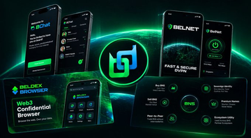 A promotional graphic for BChat, BELNET, and BELDNS by Beldex, showing mobile phone screens arranged around a central logo with a green planet backdrop, advertising features like 'FAST & SECURE DVPN' and 'Web3 Confidential Browser'.