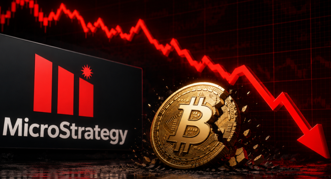 A financial graphic showing the MicroStrategy logo next to a shattering Bitcoin coin with a red downward trending chart in the background.