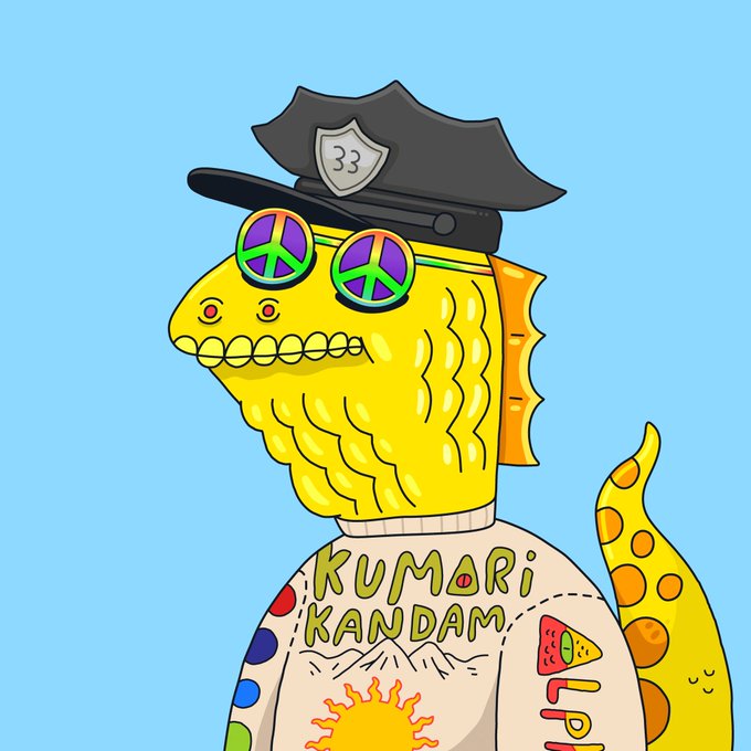 A cartoon illustration of a yellow fish character wearing a black police-style hat with '33' on the badge, purple peace-sign sunglasses, and a cream-colored sweater featuring the text 'KUMARI KANDAM' and a sun design.