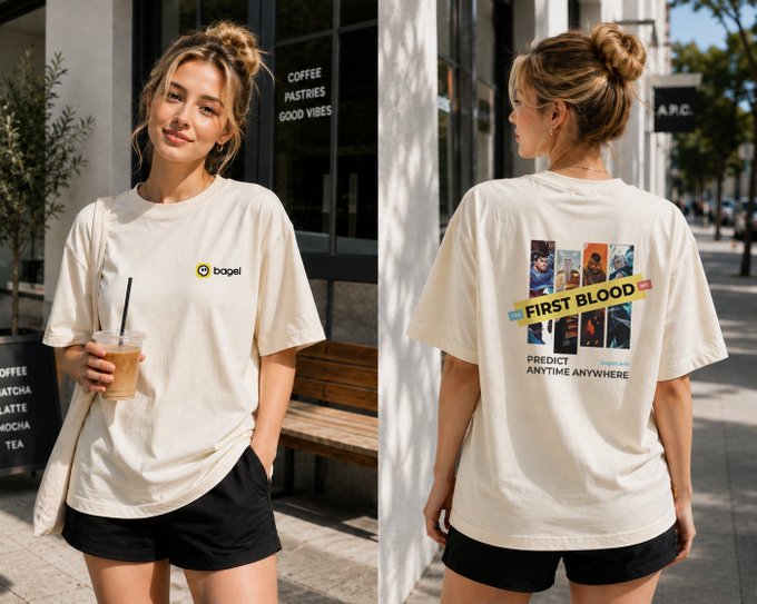 Front and back views of a woman wearing a beige t-shirt; the front features a small 'bagel' logo, while the back displays 'FIRST BLOOD' alongside various card graphics.
