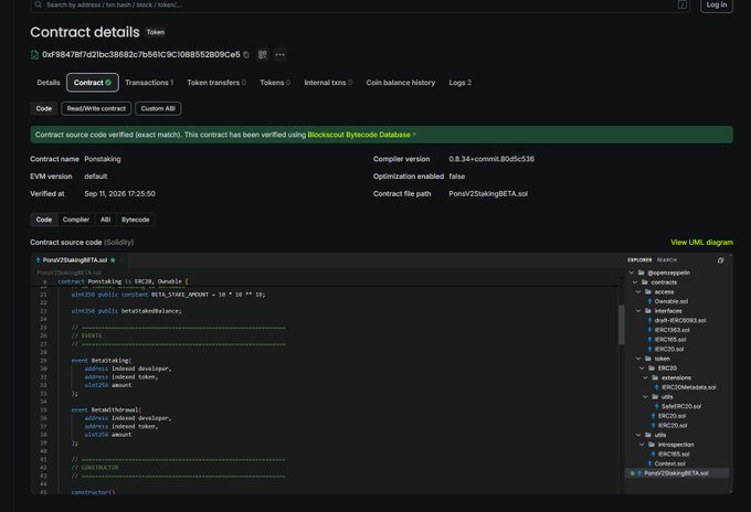 A blockchain explorer webpage showing smart contract details for 'Pontaking' token, with verified contract code visible and Solidity source code displayed in the main panel.