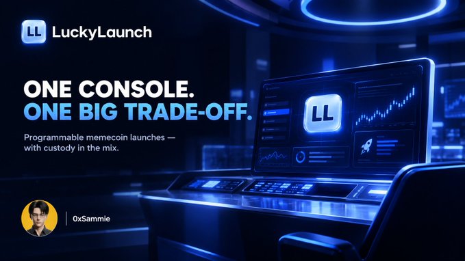 A promotional image for "LuckyLaunch" featuring the text "ONE CONSOLE. ONE BIG TRADE-OFF." and "Programmable memecoin launches — with custody in the mix." attributed to 0xSammie.