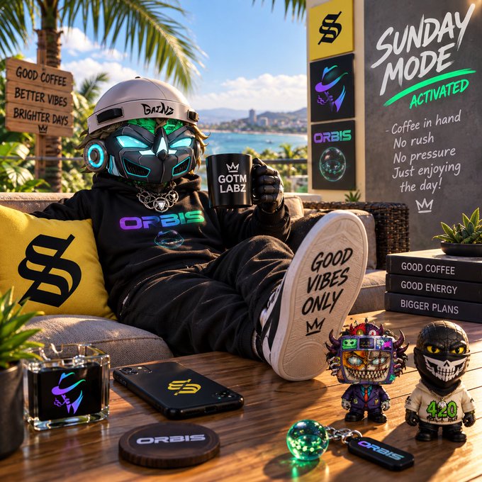 A stylized digital artwork of a character in a futuristic helmet and 'ORBIS' hoodie relaxing on a couch, surrounded by merchandise and 'SUNDAY MODE ACTIVATED' text.