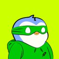 A pixel art illustration of a chibi-style character wearing a green hoodie, a white face mask, and large green goggles or VR glasses against a bright green background.