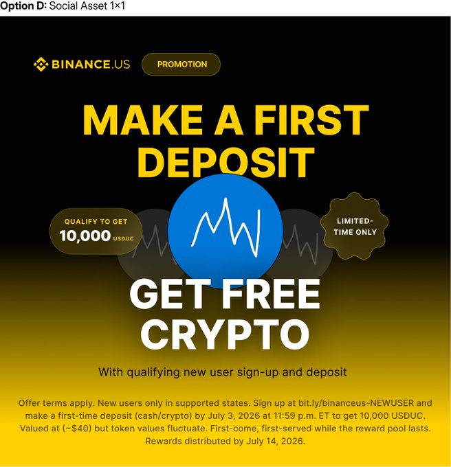 A Binance.US promotional graphic in yellow and black announces a first-deposit bonus of 10,000 $USDUC for new users who sign up and deposit by July 3, 2026, with rewards distributed by July 14, 2026. The image's "limited-time only" emphasis and call to make a first deposit align with the post's urgent reminder to claim the welcome offer before it expires.