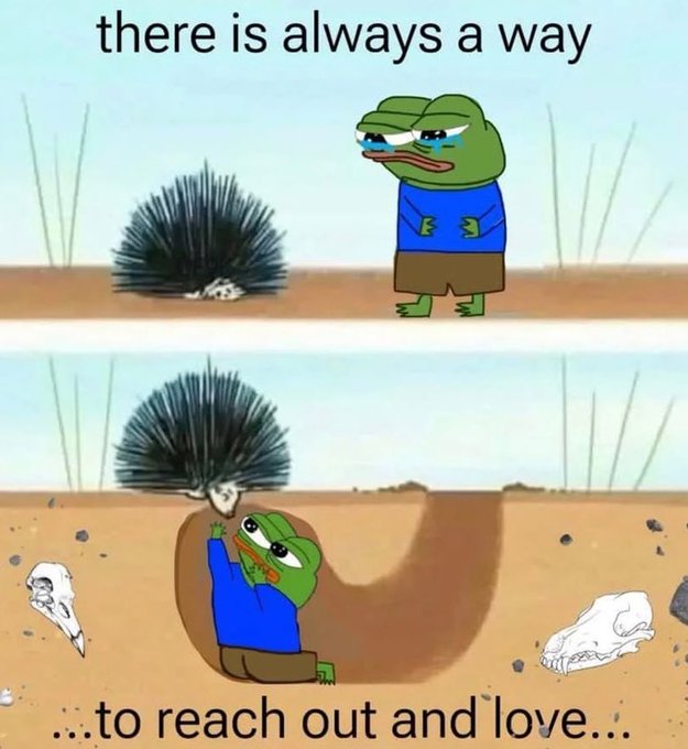 A two-panel meme featuring a sad-looking Pepe the Frog; the top panel is captioned 'there is always a way' as Pepe stands next to a porcupine, and the bottom panel shows him underground hugging it, captioned '...to reach out and love...'